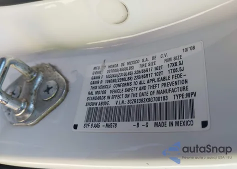 2009 Honda Cr-V Lx from USA, damaged, VIN 3CZRE383X9G700183